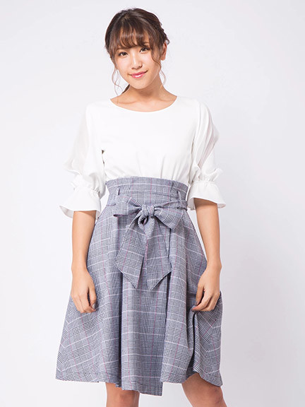 カラーチェックスカートドッキングワンピース