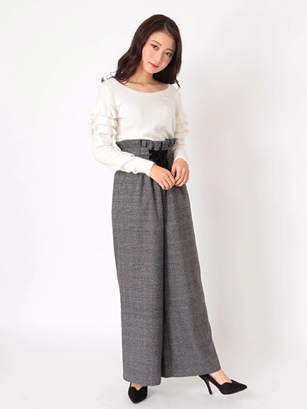 チェックスピンドルワイドパンツ