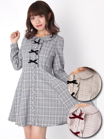 フロントリボンチェックワンピース(ブラウン)