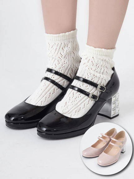 ビジューヒールストラップシューズ(ピンク)