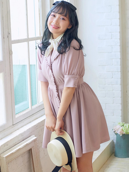 レーススカーフ付き前開きワンピース(ベージュ)