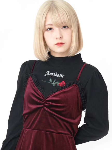 ローズ刺繍テレコTOPS(ホワイト)