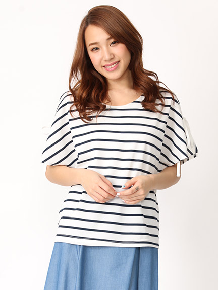 スリット×リボン袖ゆるボーダーTOPS