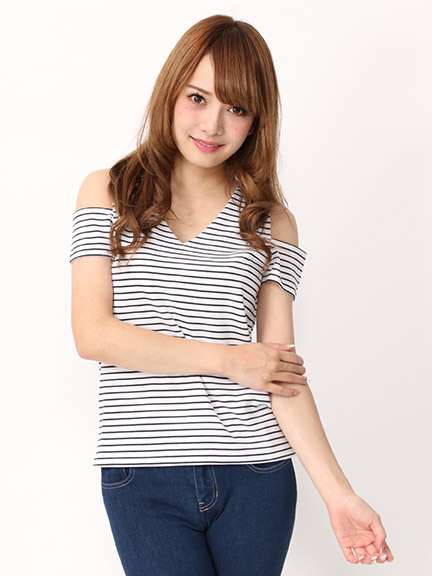 肩開きVネック細ボーダーTOPS