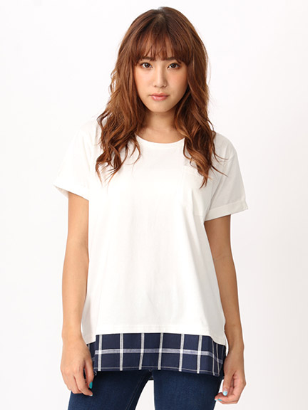 裾チェックポケットTシャツ