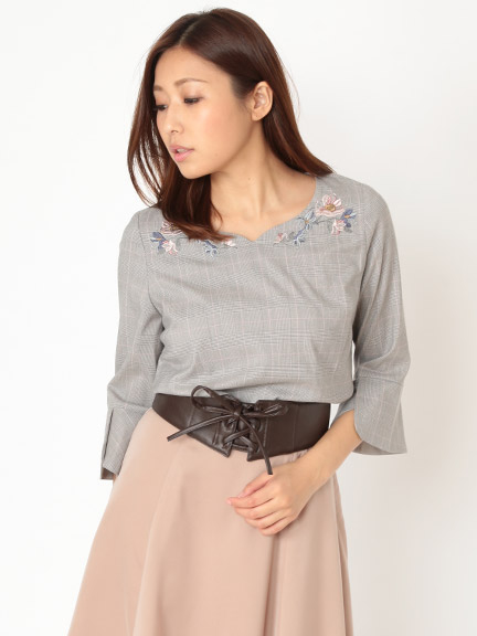 グレンチェック刺繍ブラウス