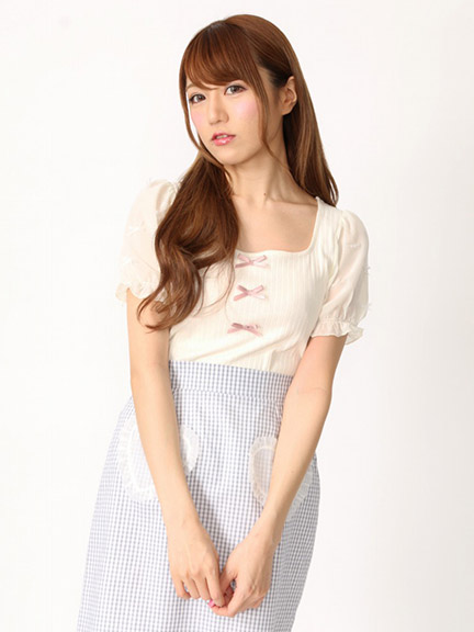 プチリボン袖スクエアネックTOPS