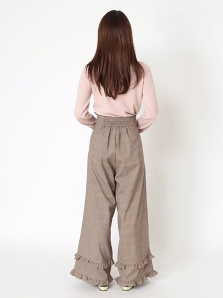 グレンチェック編み上げフリルワイドパンツ - Ank Rouge(アン