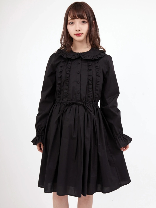 AnkRouge 黒 フリルドレス 長袖 ウエストベルト付き