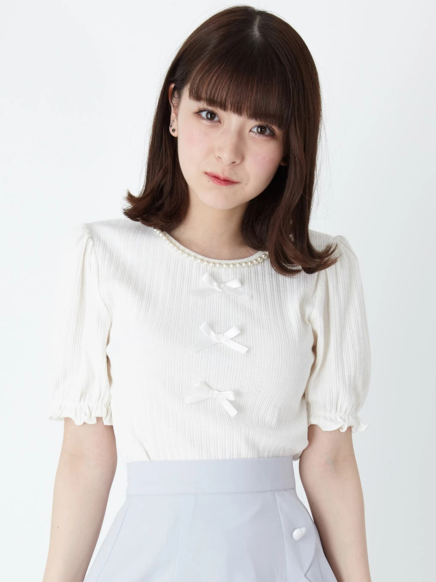 【美品】3つリボンテレコTOPS ブルー Ank Rouge トップス Tシャツ 3つリボンテレコTOPS - Ank Rouge(アンクルージュ)のTシャツ