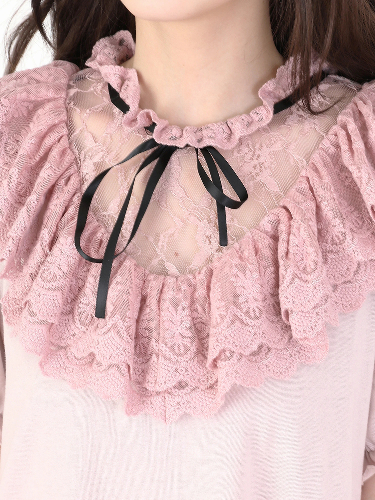 ank rouge 花チェリー柄フリルレースワンピース 半袖襟付きミニワンピース フリルレース切り替えカットワンピース - Ank Rouge(アンクルージュ)の