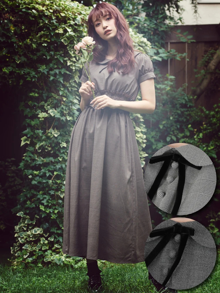 グレンチェックロングワンピース(グレー)