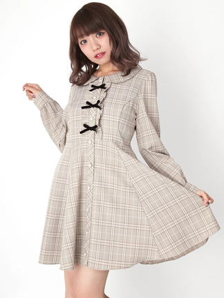 York land チェック Aライン コットン フレア リボン ワンピース York land チェック Aライン コットン フレア リボン ワンピース