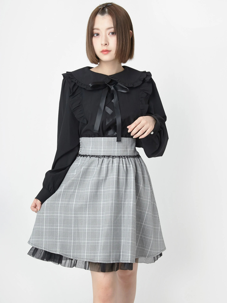 完売AODREAアンドレアボリュームフリルチュールスカート ブラック SET】フェイクファーライダースベスト+ボリュームフリルチュール