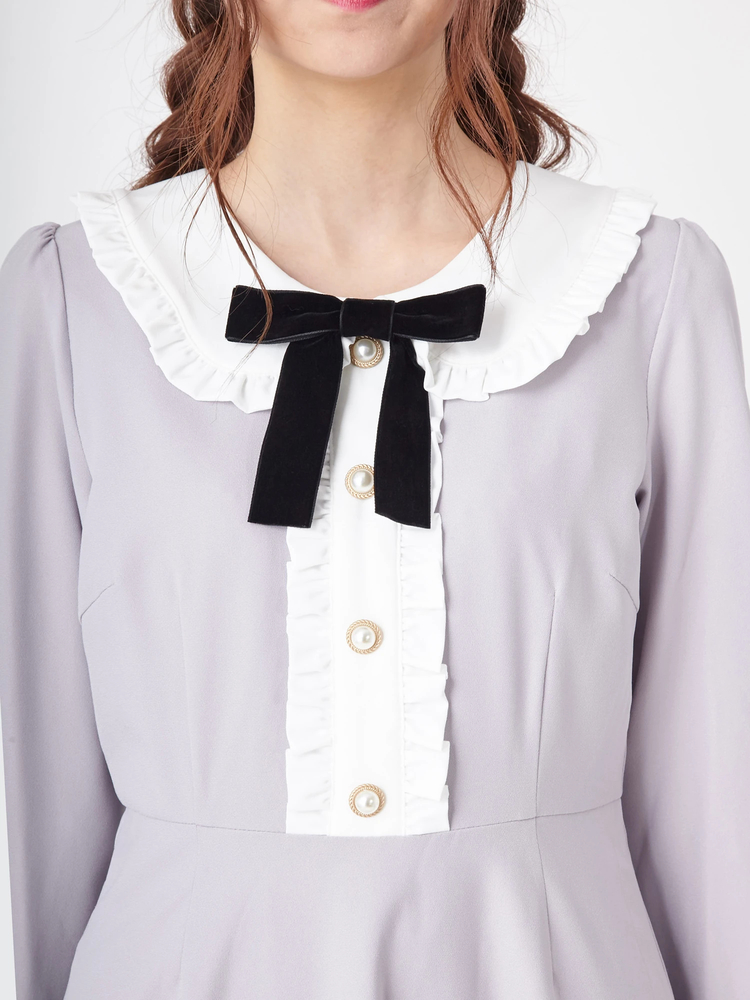 ※10340円!新品★Ank Rouge リボンフリル配色セミフレアーワンピース 10340円!新品☆Ank Rouge リボンフリル配色セミフレアー