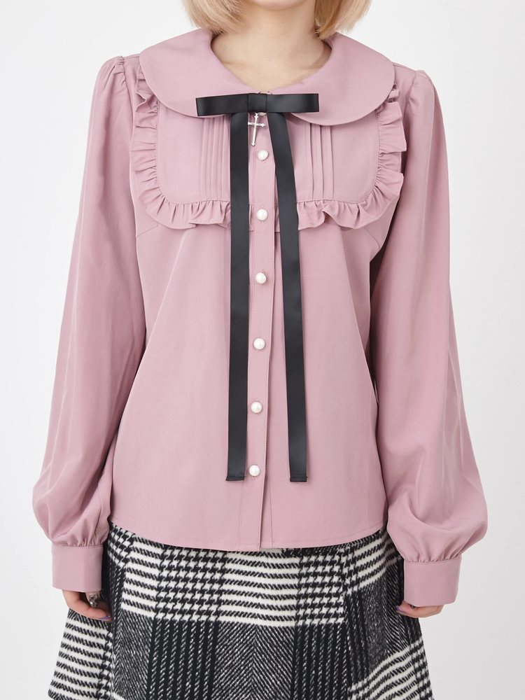 ★riri♡【タグ付き未使用】Mystrada♡リボンシャツ(ピンク)S CHILD WOMAN - 80/2オックスマルチストライプロングリボンシャツ