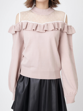 希少✨クレージュ♡半袖ニット　タートルネック　フロントロゴ　アンゴラ　ピンク 肩開きフリルハイネックリブニット - Ank Rouge(アンクルージュ