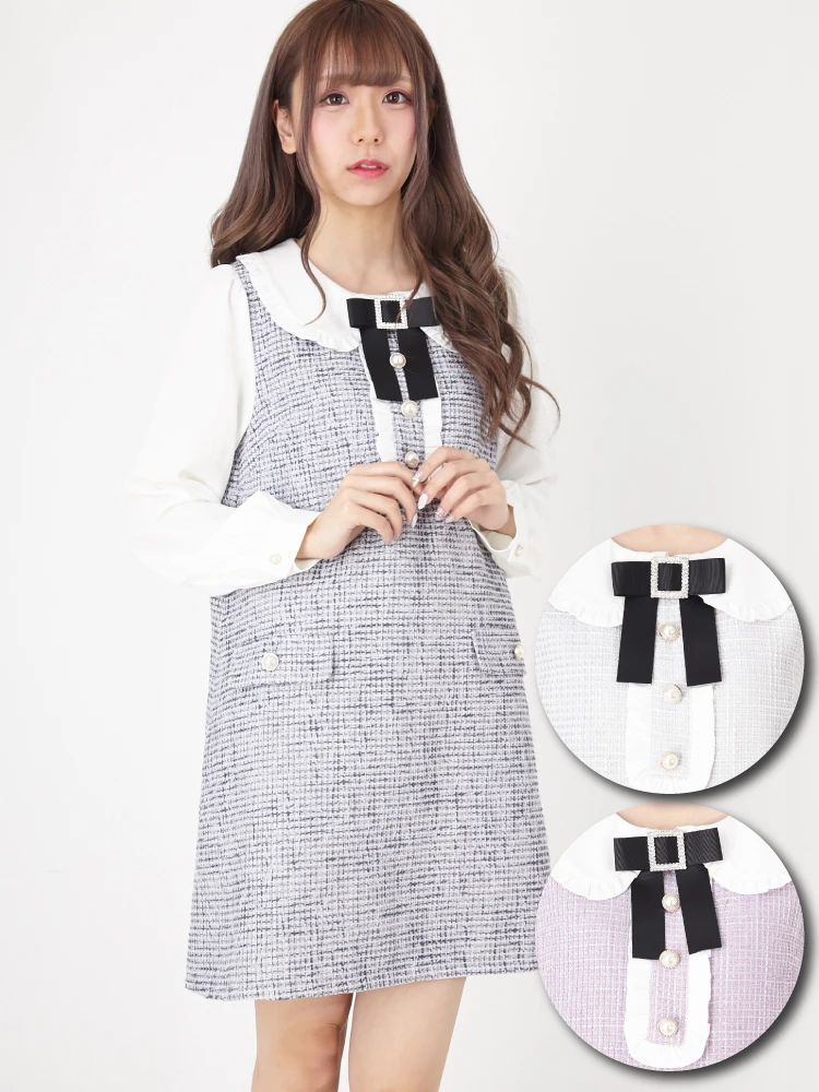 ビジューリボンブローチツイードOP - Ank Rouge(アンクルージュ)の