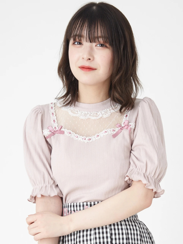 ちゅら様切り替えデニム26.エンボストップスピンク チュール切り替えテレコTOPS - Ank Rouge(アンクルージュ)のT