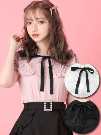 ⑩❣️蘭❣️Ｎｏ1813 ガラスナギット★ダイクロ ピンクパープル★12個 ヨークフリルリボンタイブラウス - Ank Rouge(アンクルージュ)のシャツ