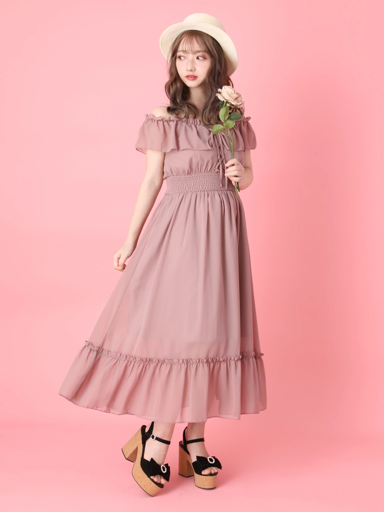 Wzipオフショルニット×チュールキャミワンピースSET(M