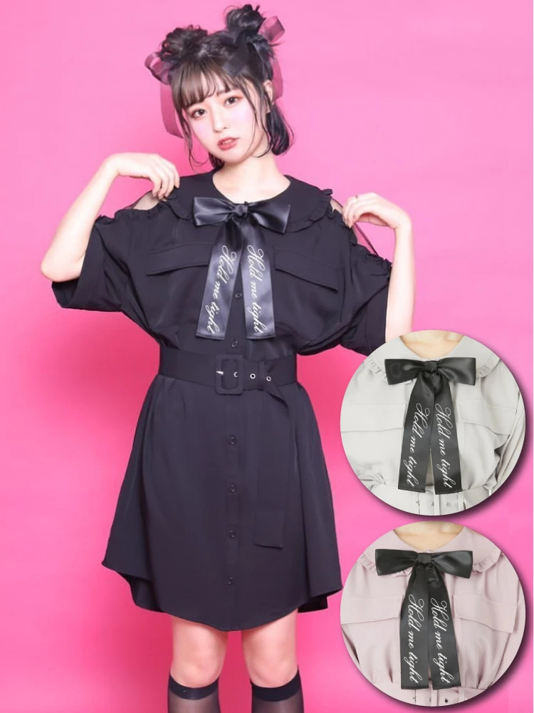 黒 フリル付き Tシャツ ピンクリボン　jiltu ロゴリボンBigシャツOP - Ank Rouge(アンクルージュ)のシャツ