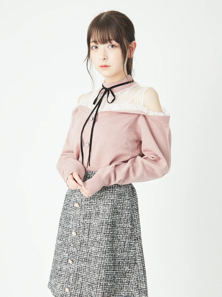 レース切替ワンショルニット MERCURYDUO（マーキュリーデュオ） ワンピース レース切替オフショル