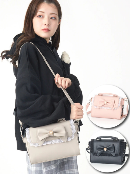 ビジューリボン合皮BAG(ベージュ)