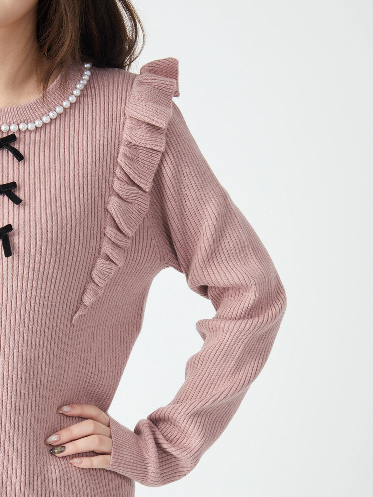 美品✨クレージュ　ピンク　セーターニット　毛　リボンにプレートロゴ　パール パールリボンTOPS - Ank Rouge(アンクルージュ)のニット
