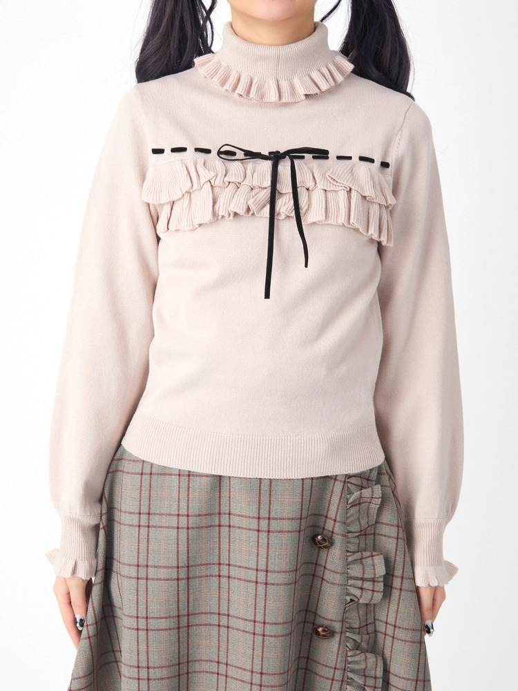 Ank rouge♡ハシゴリボンフリルタートルニット ハイネック スナ系 Ank rouge♡ハシゴリボンフリルタートルニット ハイネック スナ