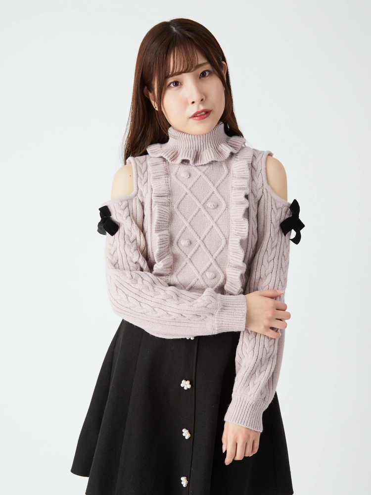 【難あり】teddyリボンケープ (アイボリー) 肩開きリボンケーブルニット - Ank Rouge(アンクルージュ)の