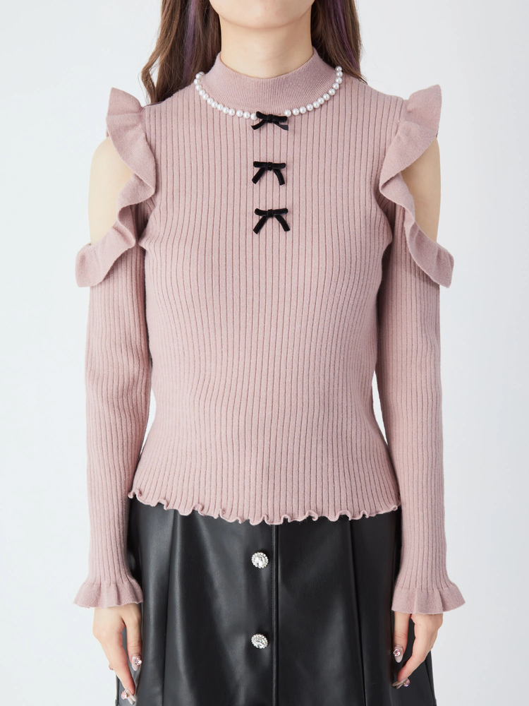 セール】 【OUTLET】リブニットフリルタートル （ニット