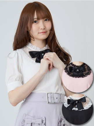 フランスアンティークプリーツプリーツフリルコットンレースたくさん アンティビジューキャットプリントレースフリルブラウス｜ピンク