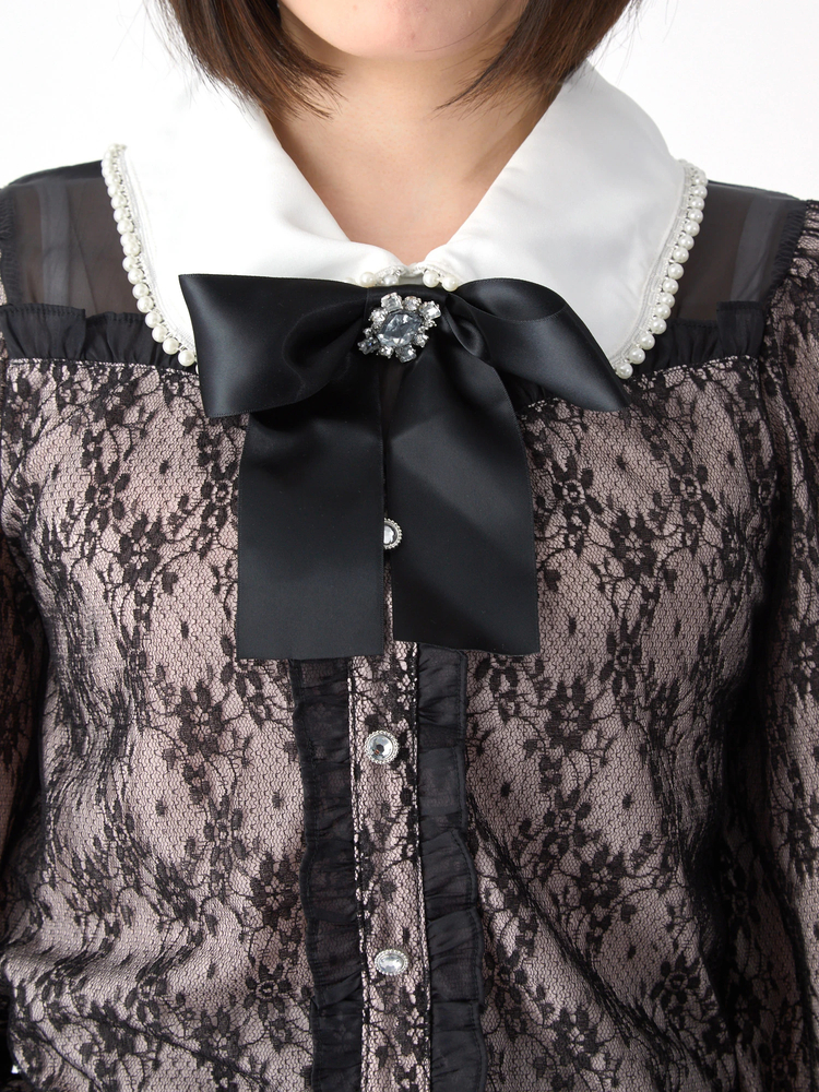 Ank Rouge - Ank Rouge　アンクルージュ　カットソー　レース　リボン　ビジュー　黒 ビジューリボンレースTOPS - Ank Rouge(アンクルージュ)のT