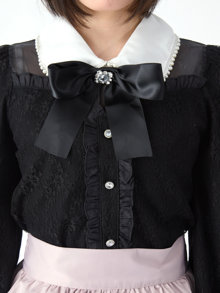 Ank Rouge - Ank Rouge　アンクルージュ　カットソー　レース　リボン　ビジュー　黒 ビジューリボンレースTOPS - Ank Rouge(アンクルージュ)のT