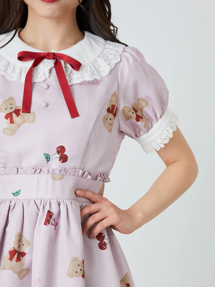 アンクルージュ　ストロベリーパフェ柄襟付きパフスリーブワンピース CherryTeddyパフワンピース - Ank Rouge(アンクルージュ)の