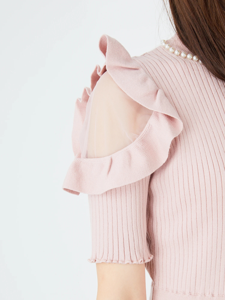 希少✨クレージュ♡半袖ニット　タートルネック　フロントロゴ　アンゴラ　ピンク 美品】クレージュ アンゴラニット 千鳥格子 センターロゴ刺繍