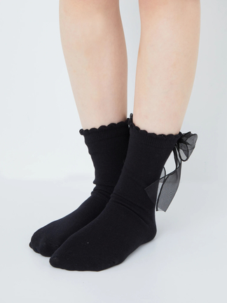 即日発送LIS CALLA｜“My Diary”花柄リボンソックス（ブラック） 後ろリボンつき 履き口レース ロークルーソックス (23-25cm) 靴下