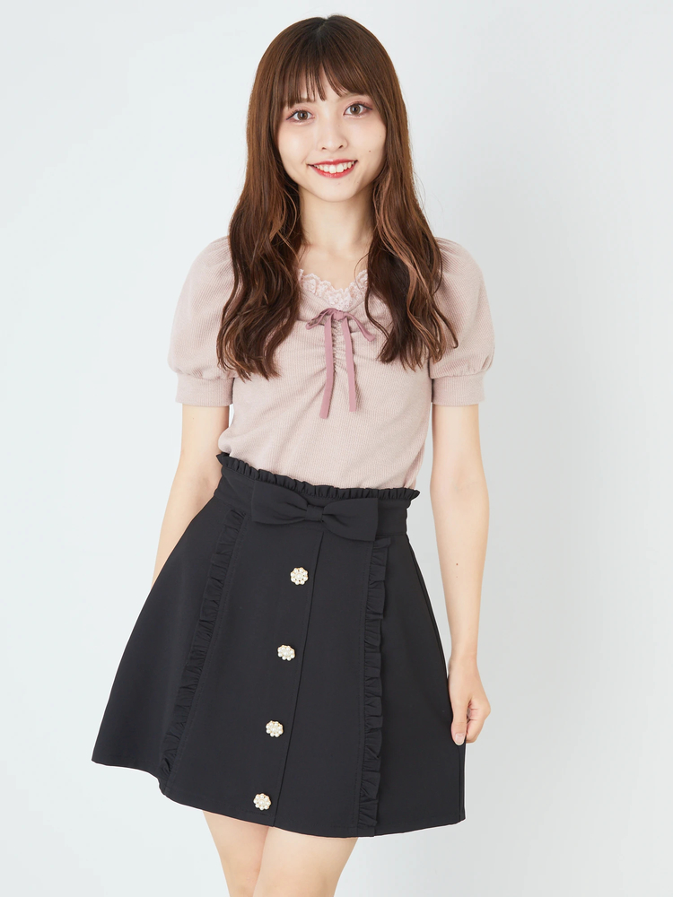 【グランジ】ang フリル付きゴムウエスト＆リボン付きAラインスカート グランジ】ang フリル付きゴムウエスト＆リボン付きAライン