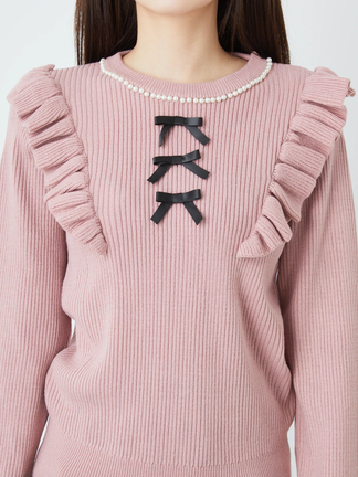 みー　クレージュピンクフリルアンサンブルリブ編みニット フリンジハート編みニット｜ニット｜トップス｜MORE self LOVE