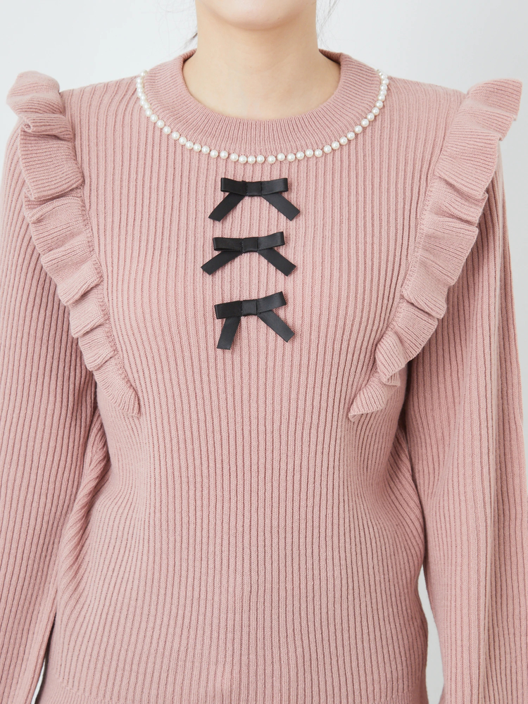 Ank Rouge 3つリボンパールニット ピンク M　美品 パール3つリボンTOPS - Ank Rouge(アンクルージュ)のニット