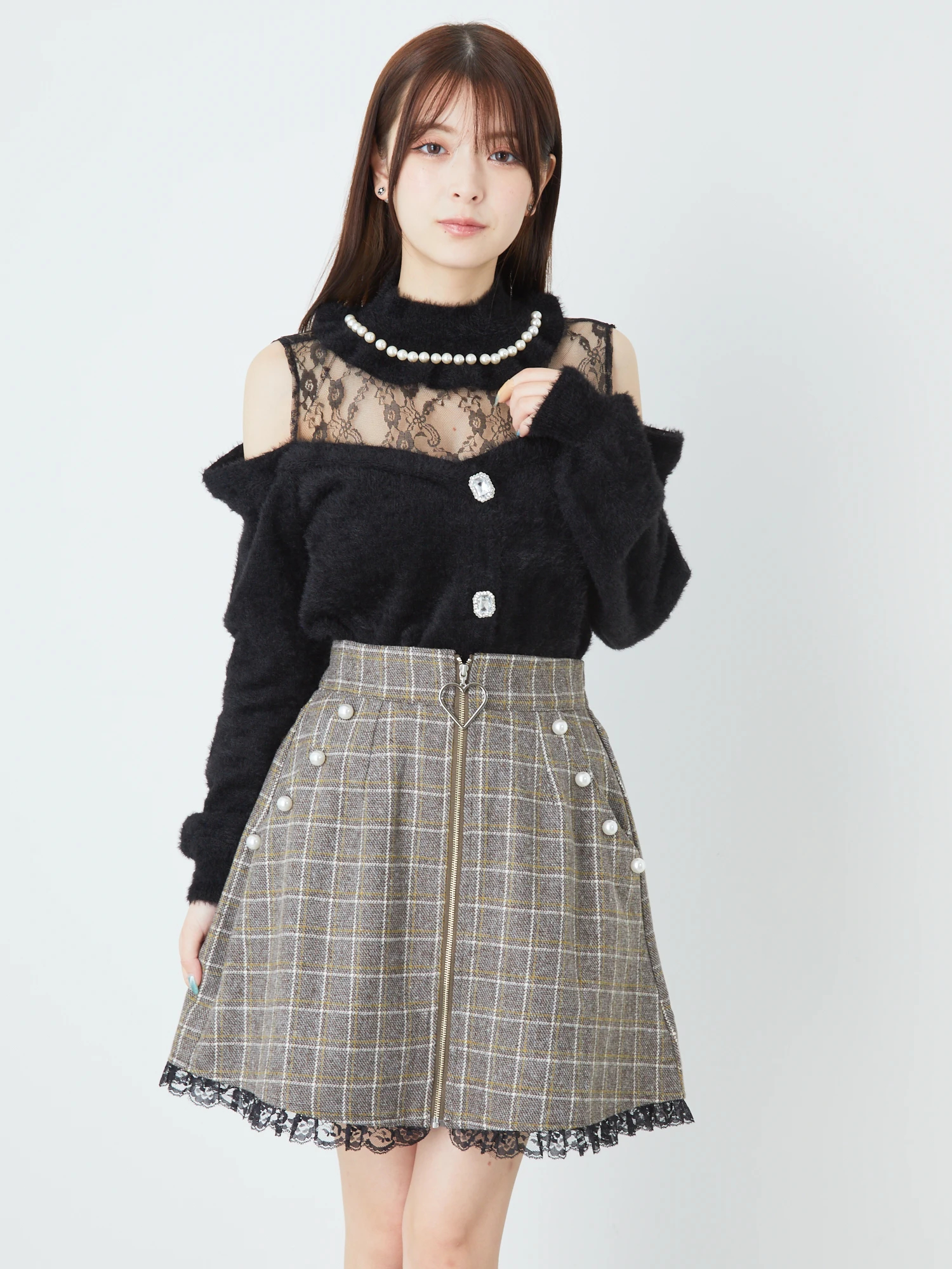 アンクルージュ　★新品★　膝上スカート　黒　リボン付き モノグラムスカート - Ank Rouge(アンクルージュ)のスカート