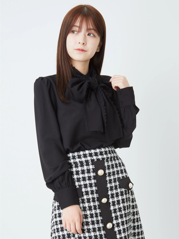 machatt メモリーハイネックリボンブラウス（ブラック×レッド） マチャット MACHATT メモリーリボンハイネックブラウス ドット 長袖