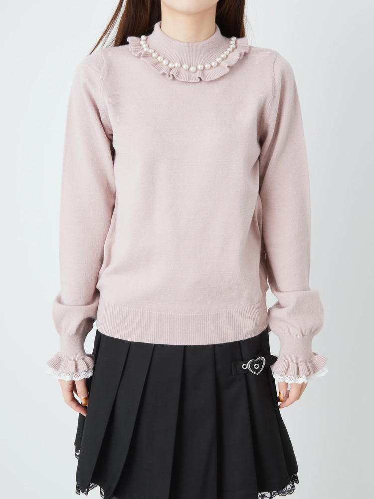 hue day to eveningフリル袖パール付Tシャツ36ピンクベージュ hue DAY TO EVENING フリルパールブラウス ピンクベージュ 36