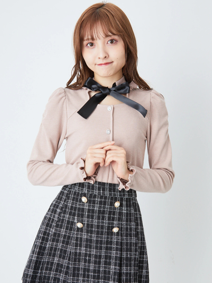 フロント開きリボンハイネックTOPS(アイボリー)