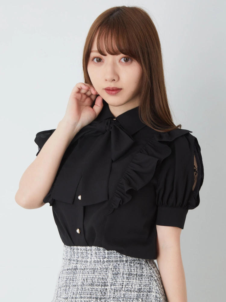 アドーア　リボンタイ　長袖ブラウス　グレージュ　変形袖　38 01_001.jpg