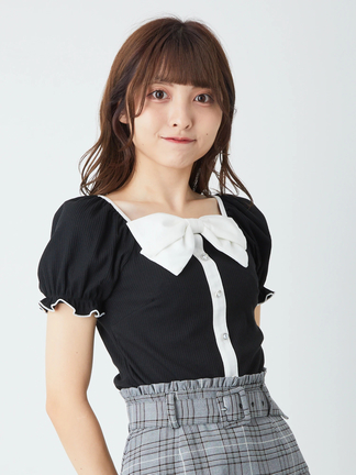 【I AM MARI】ドット カシュクール パフスリーブ リボン OPS JUNOAH｜パフスリーブバックリボンショートトップス | Rakuten