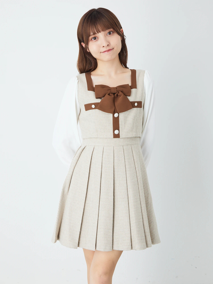 千鳥柄スクエアネックSET/UPワンピース(ベージュ)