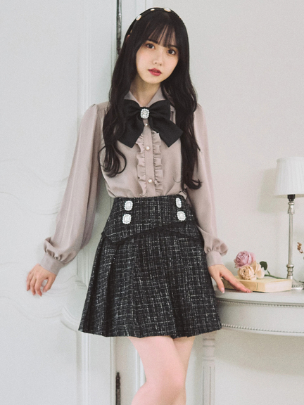 フロントビジューツイードプリーツSK(オフホワイト)