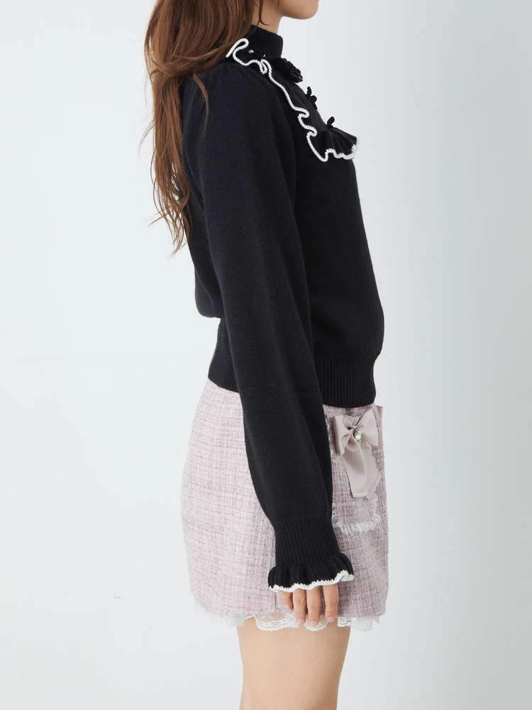 ワッフルヨークフリルニット　ブラック　アンミヌ ヨークフリルニットプルオーバー[品番：IGAW0004385]｜axes femme